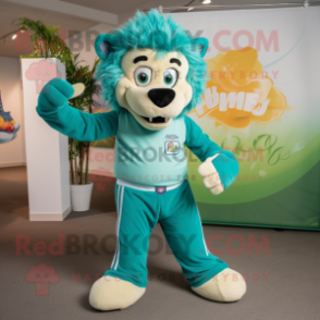 Teal Tamer Lion mascot costume character dressed with a Capri Pants and Headbands