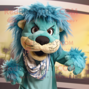 Teal Tamer Lion mascot costume character dressed with a Capri Pants and Headbands