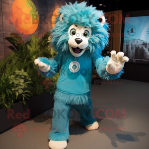 Teal Tamer Lion mascot costume character dressed with a Capri Pants and Headbands