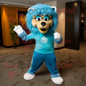 Teal Tamer Lion mascot costume character dressed with a Capri Pants and Headbands