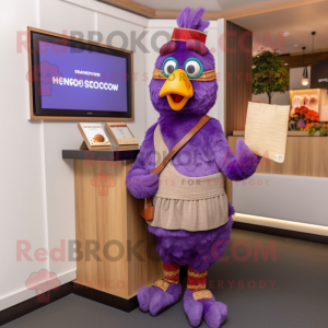 Lavender Tandoori Chicken mascot costume character dressed with a Cardigan and Clutch bags