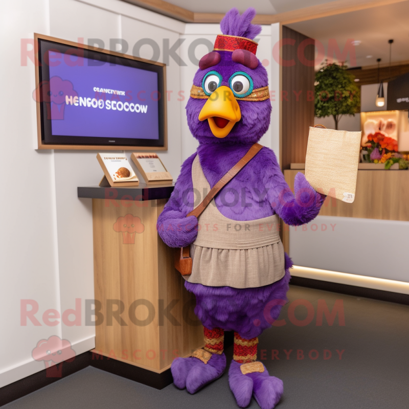 Lavender Tandoori Chicken mascot costume character dressed with a Cardigan and Clutch bags