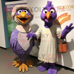 Lavender Tandoori Chicken mascot costume character dressed with a Cardigan and Clutch bags