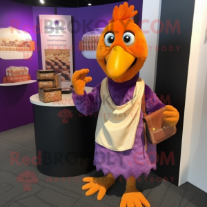 Lavender Tandoori Chicken mascot costume character dressed with a Cardigan and Clutch bags