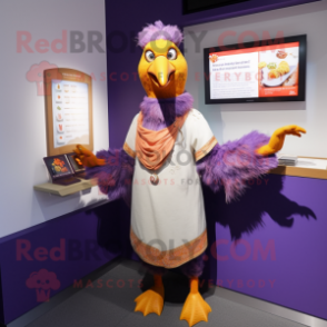 Lavender Tandoori Chicken mascot costume character dressed with a Cardigan and Clutch bags