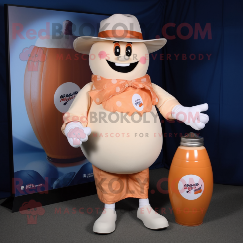 Peach Bottle Of Milk mascot costume character dressed with a Rugby Shirt and Hat pins