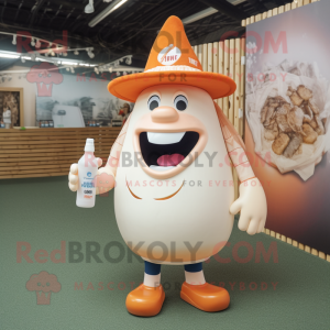Peach Bottle Of Milk mascot costume character dressed with a Rugby Shirt and Hat pins