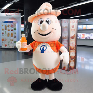 Peach Bottle Of Milk mascot costume character dressed with a Rugby Shirt and Hat pins