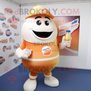 Peach Bottle Of Milk mascot costume character dressed with a Rugby Shirt and Hat pins