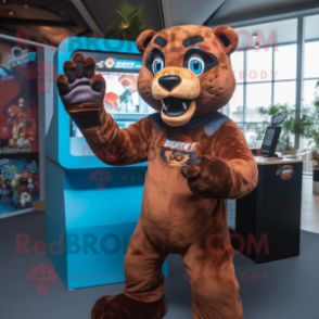 Rust Panther mascot costume character dressed with a Playsuit and Gloves