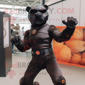 Rust Panther mascot costume character dressed with a Playsuit and Gloves