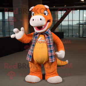 Orange Diplodocus mascot costume character dressed with a Flannel Shirt and Headbands