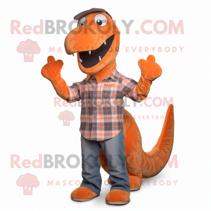 Orange Diplodocus mascot costume character dressed with a Flannel Shirt and Headbands