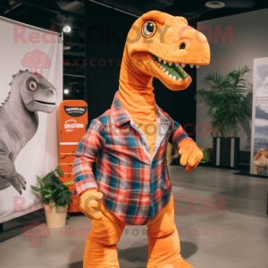 Orange Diplodocus mascot costume character dressed with a Flannel Shirt and Headbands
