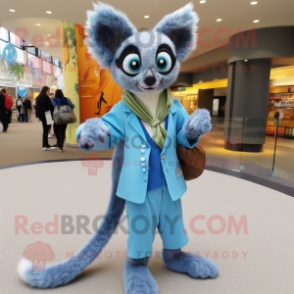 Blue Lemur mascot costume character dressed with a Wrap Dress and Pocket squares