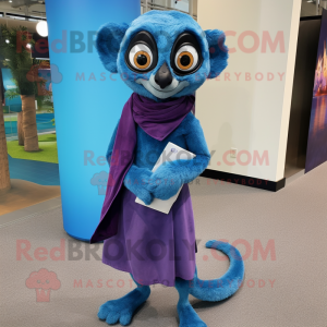 Blue Lemur mascot costume character dressed with a Wrap Dress and Pocket squares