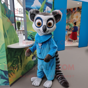 Blue Lemur mascot costume character dressed with a Wrap Dress and Pocket squares