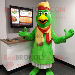 Lime Green Tandoori Chicken mascot costume character dressed with a Suit and Scarves