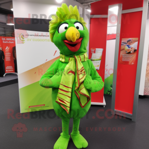 Lime Green Tandoori Chicken mascot costume character dressed with a Suit and Scarves