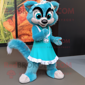 Turquoise Lemur mascot costume character dressed with a Pleated Skirt and Shoe laces