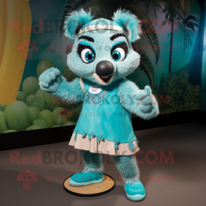 Turquoise Lemur mascot costume character dressed with a Pleated Skirt and Shoe laces