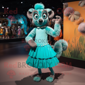 Turquoise Lemur mascot costume character dressed with a Pleated Skirt and Shoe laces