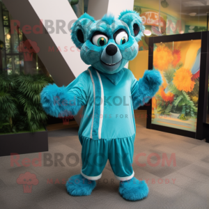 Turquoise Lemur mascot costume character dressed with a Pleated Skirt and Shoe laces