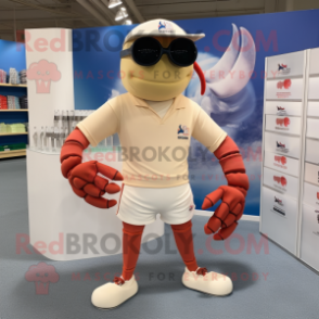 Beige Lobster Bisque mascot costume character dressed with a Running Shorts and Sunglasses