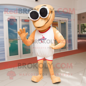 Beige Lobster Bisque mascot costume character dressed with a Running Shorts and Sunglasses