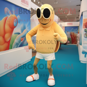 Beige Lobster Bisque mascot costume character dressed with a Running Shorts and Sunglasses