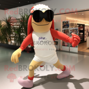 Beige Lobster Bisque mascot costume character dressed with a Running Shorts and Sunglasses