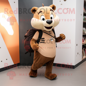 Brown Ermine mascot costume character dressed with a Joggers and Backpacks