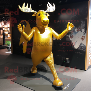 Gold Elk mascot costume character dressed with a Rash Guard and Foot pads
