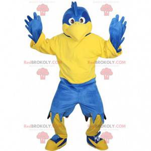 Mascote de águia azul e amarela, fantasia de pássaro gigante