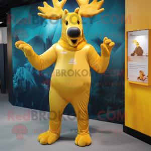 Gold Elk mascot costume character dressed with a Rash Guard and Foot pads