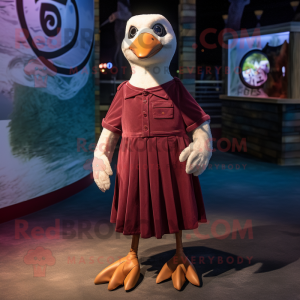 Maroon Albatross mascot costume character dressed with a Mini Dress and Suspenders