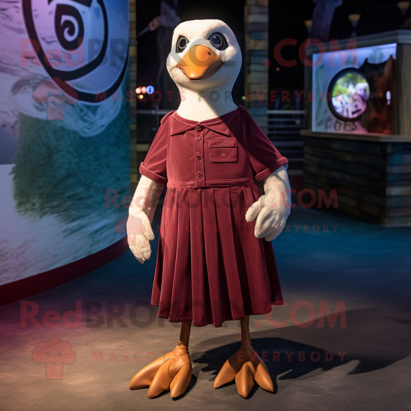 Maroon Albatross mascot costume character dressed with a Mini Dress and Suspenders Maroon Albatross mascot costume character dressed with a Mini Dress and Suspenders