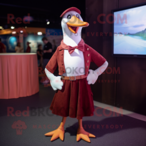 Maroon Albatross mascot costume character dressed with a Mini Dress and Suspenders