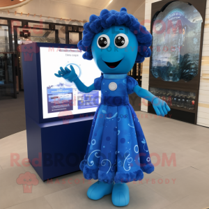 Blue Medusa mascot costume character dressed with a Dress and Digital watches