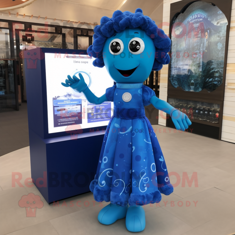Blue Medusa mascot costume character dressed with a Dress and Digital watches Blue Medusa mascot costume character dressed with a Dress and Digital watches