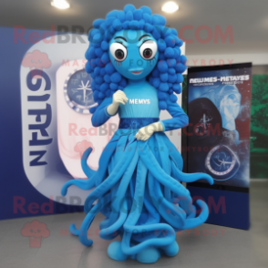 Blue Medusa mascot costume character dressed with a Dress and Digital watches