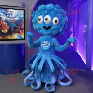 Blue Medusa mascot costume character dressed with a Dress and Digital watches