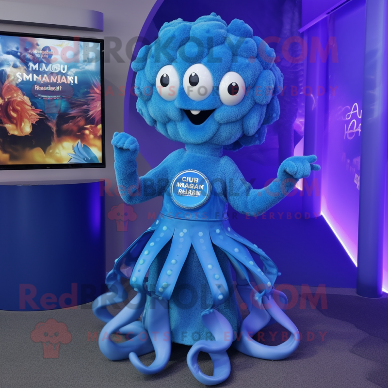 Blue Medusa mascot costume character dressed with a Dress and Digital watches Blue Medusa mascot costume character dressed with a Dress and Digital watches
