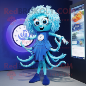 Blue Medusa mascot costume character dressed with a Dress and Digital watches