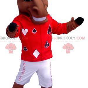 Brown horse mascot in jockey outfit - Redbrokoly.com