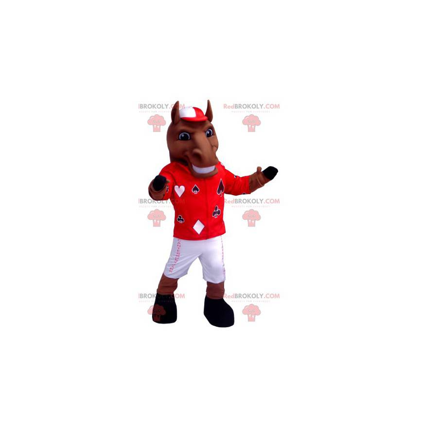 Mascotte de cheval marron en tenue de jockey - Redbrokoly.com