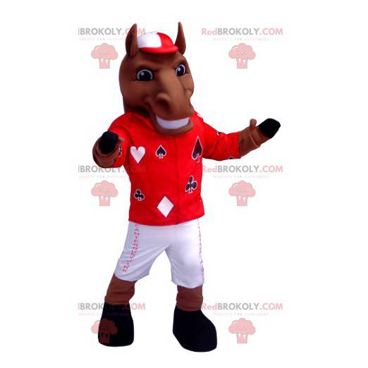 Mascotte de cheval marron en tenue de jockey - Redbrokoly.com