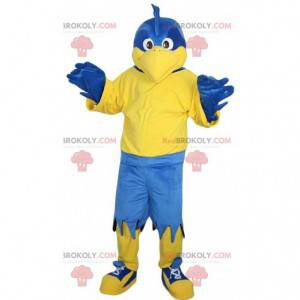 Mascotte d'aigle bleu et jaune, costume d'oiseau bleu géant -