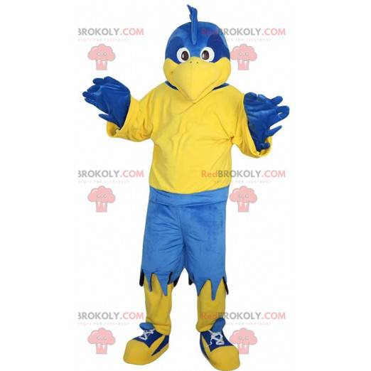 Mascota del águila azul y amarilla, disfraz de pájaro azul