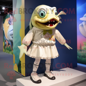 Cream Piranha mascot costume character dressed with a Mini Skirt and Brooches
